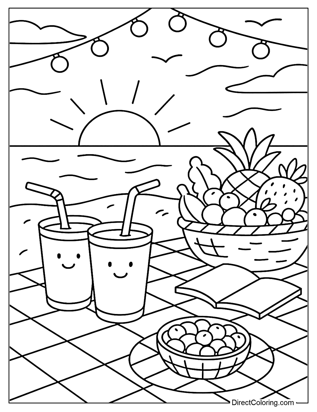 A sunset picnic coloring page: 2 smoothies on a checkered towel, next to a basket of fruit, an open book, and string lights hanging lightly behind.